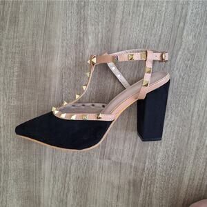 Black Velvet + Nude Faux Leather T Strap Chunky High Heels + Gold Spiked Studs